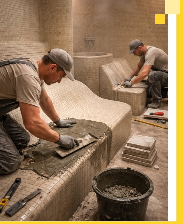 Лежаки для хамама под ключ в Обнинске, проект и монтаж